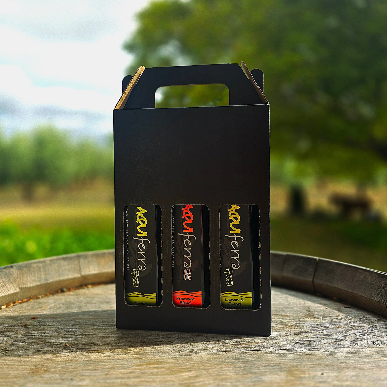 quiferra 3-pack olive oil selection, customizable with 250ml bottles of infused or single-estate olive oils, perfect for gifting or culinary exploration.