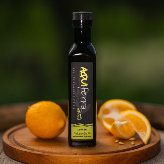 Aquiferra Lemon infused olive oil bottle, bright and zesty, perfect for fish, salads, roasted vegetables, and baking