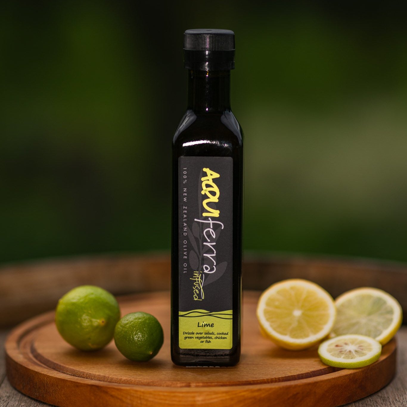 Aquiferra Lime infused olive oil bottle, citrusy and buttery, perfect for marinating seafood, drizzling over salads, and enhancing tropical fruits.